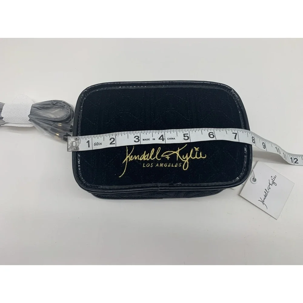 Kendall‎ Kylie Black Velvet Cosmetic Bag Pouch Gold Zipper Crossbody Strap NEW
